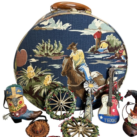 Cowboy Texas Themed Hat Box W/Matching Throw Blanket 9 Cowboy Christmas Ornament - Picture 3 of 16
